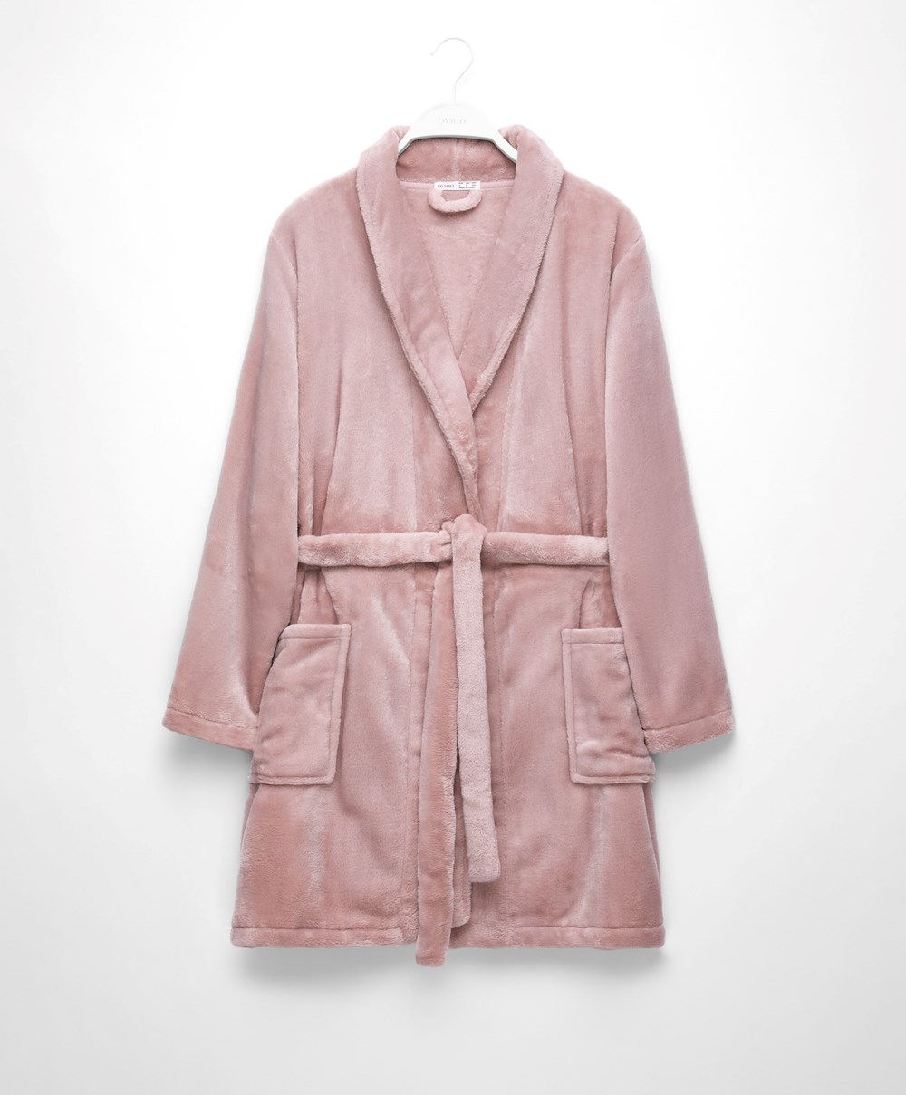 Dusty Pink Oysho Soft-touch Fleece Short Dressing Gown | MTHV98326