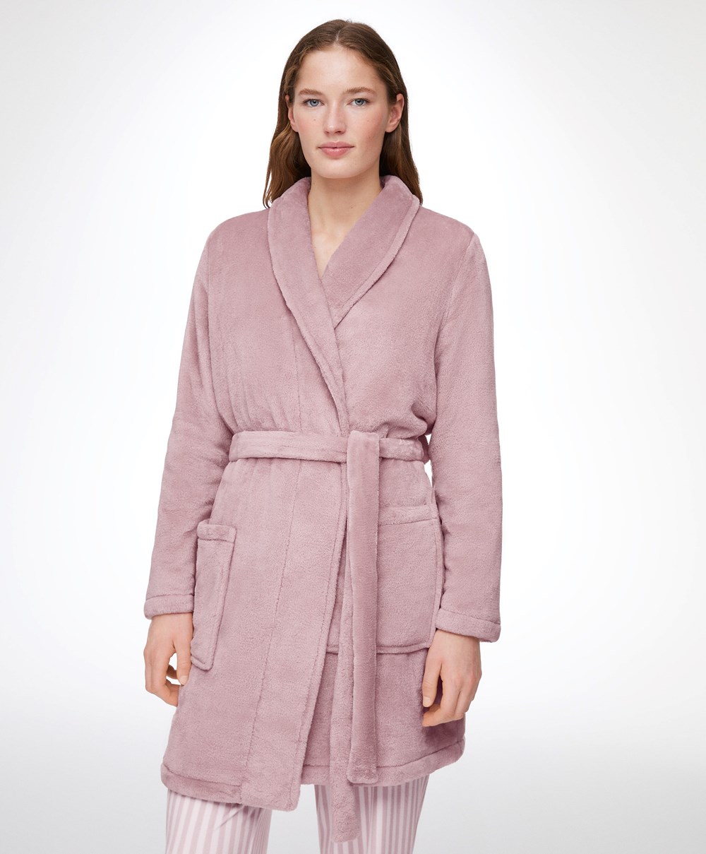 Dusty Pink Oysho Soft-touch Fleece Short Dressing Gown | MTHV98326