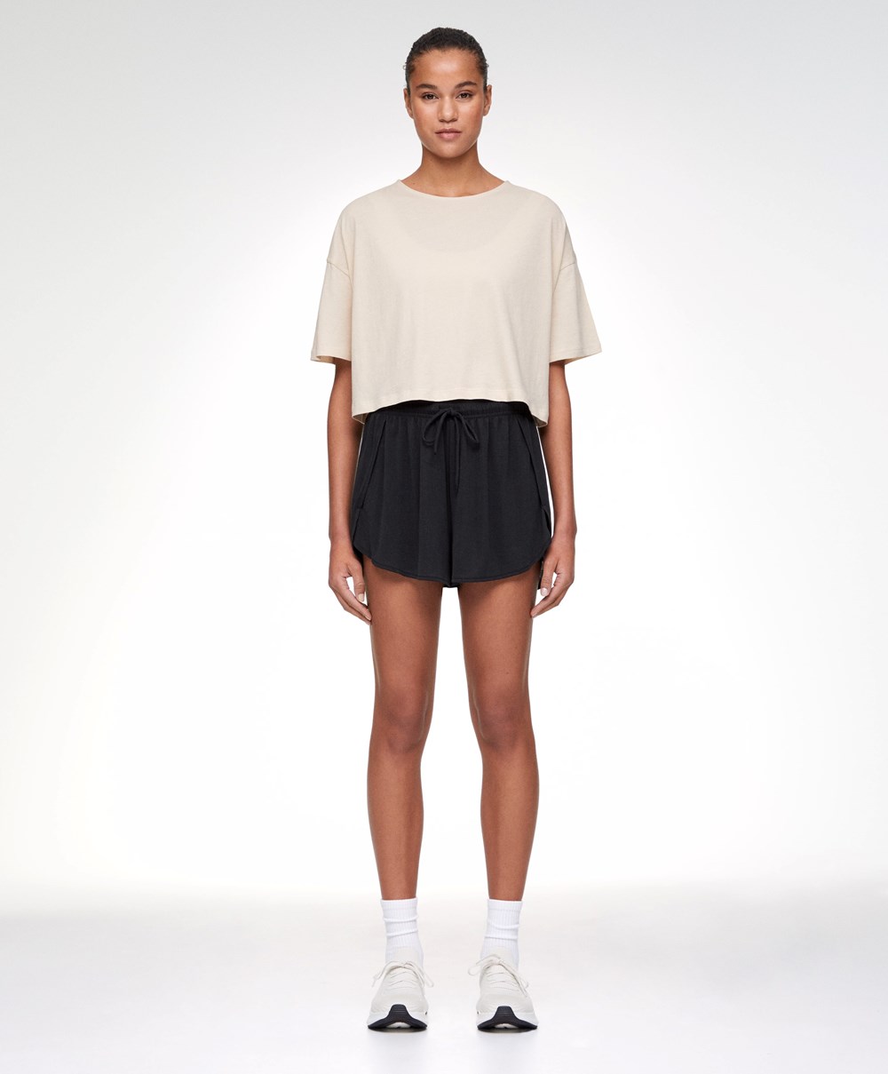 Ecru Oysho 100% Cotton Cropped Short-sleeved T-shirt | NQBI13849