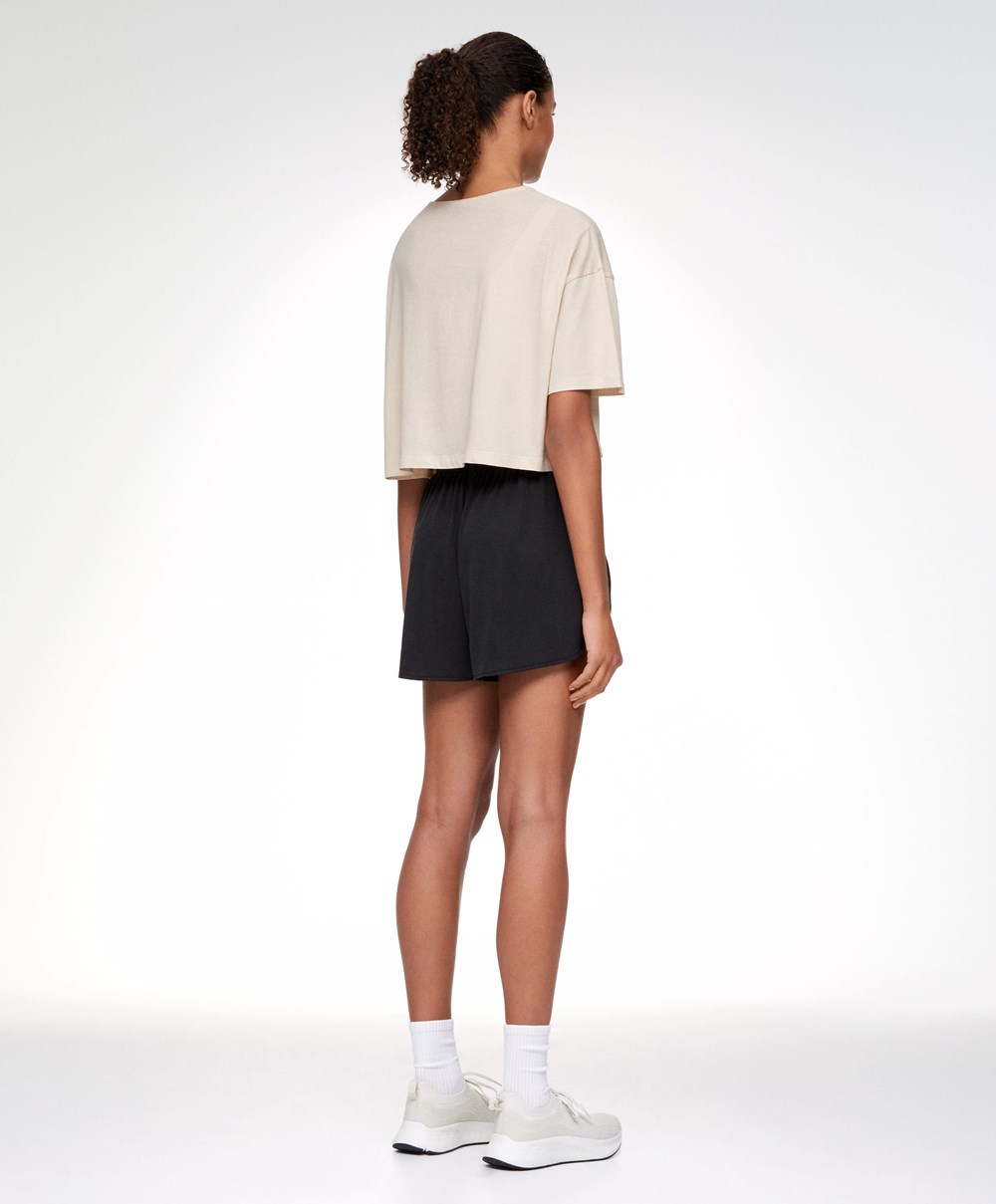 Ecru Oysho 100% Cotton Cropped Short-sleeved T-shirt | NQBI13849