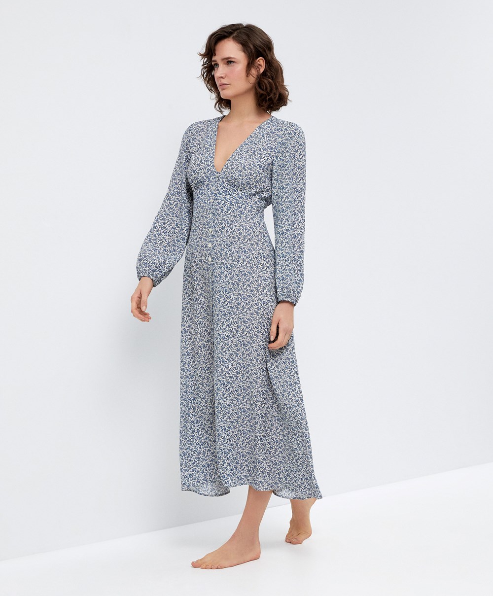 Ecru Oysho Floral Long-sleeved Midi Dress | MTIK03186