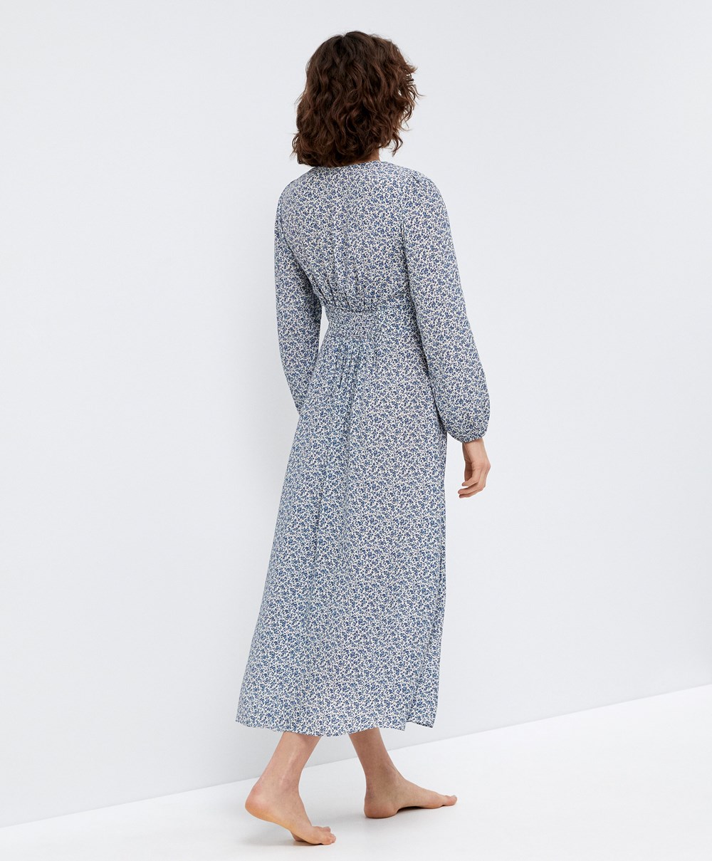 Ecru Oysho Floral Long-sleeved Midi Dress | MTIK03186