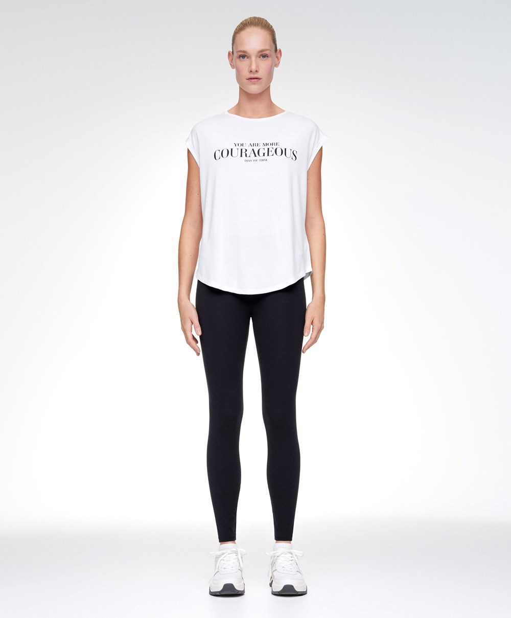 Ecru Oysho Sleeveless Modal T-shirt With Text | FYPG03859