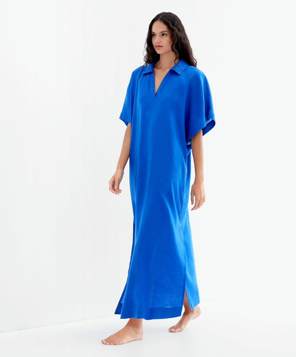 Electric Blue Oysho 100% Linen Polo Collar Tunic Dress | PVOW52746