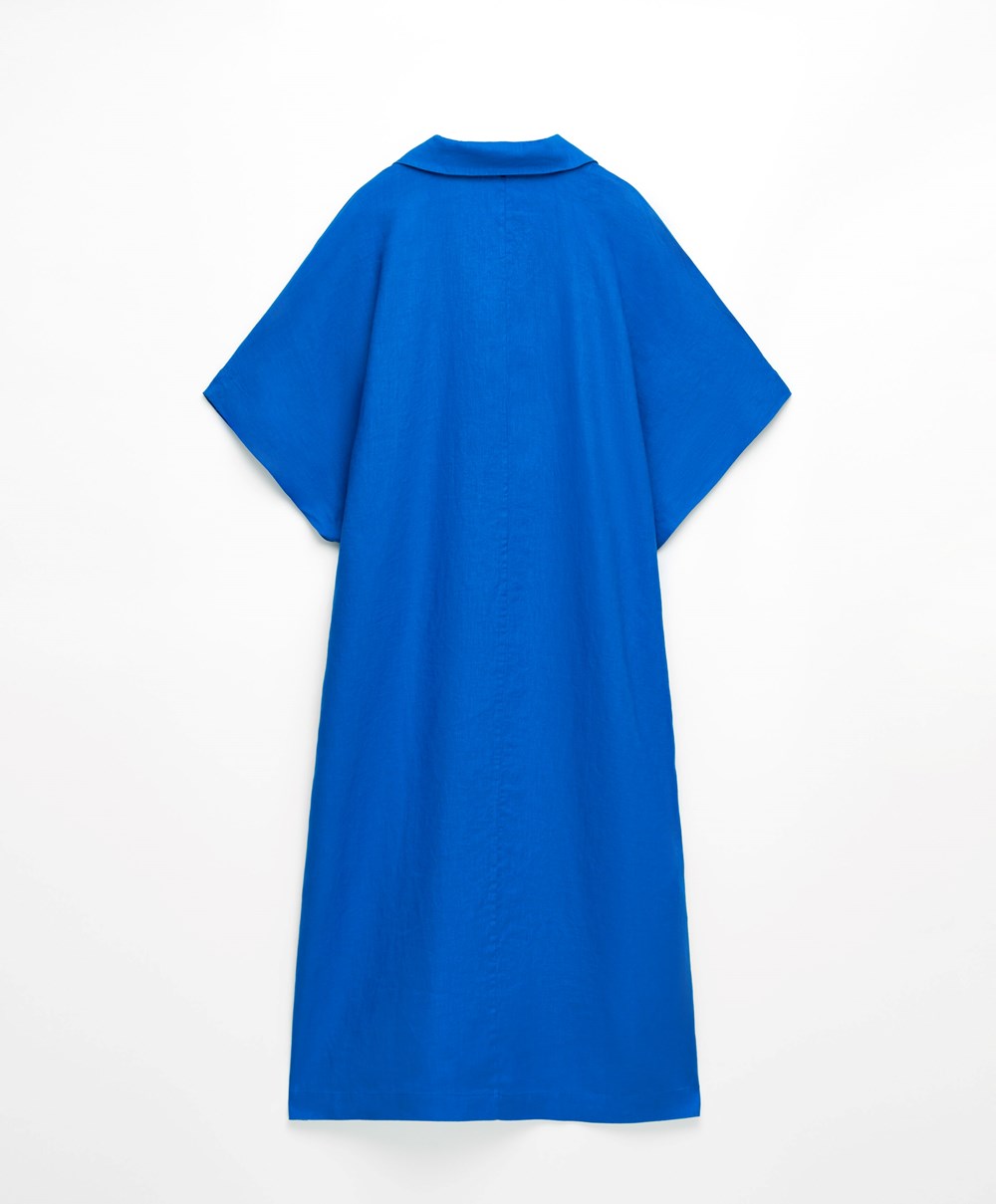 Electric Blue Oysho 100% Linen Polo Collar Tunic Dress | PVOW52746