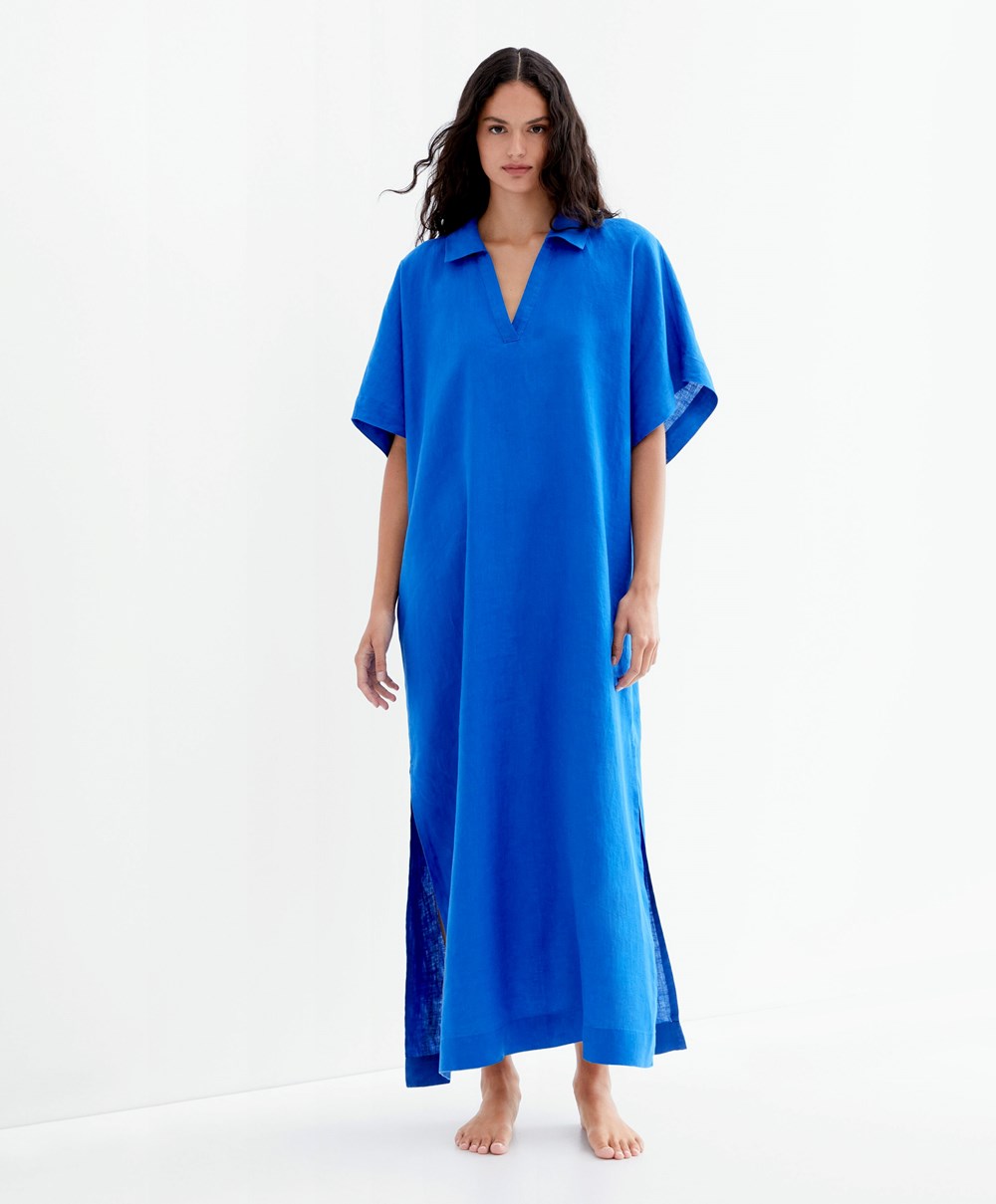 Electric Blue Oysho 100% Linen Polo Collar Tunic Dress | PVOW52746