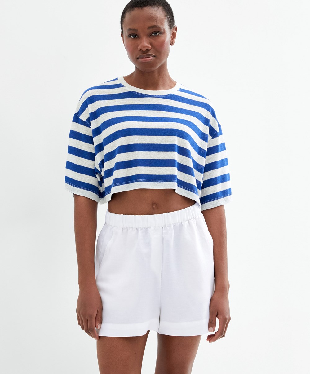 Electric Blue Oysho Striped Linen Short-sleeved Crop T-shirt | UVPH65127