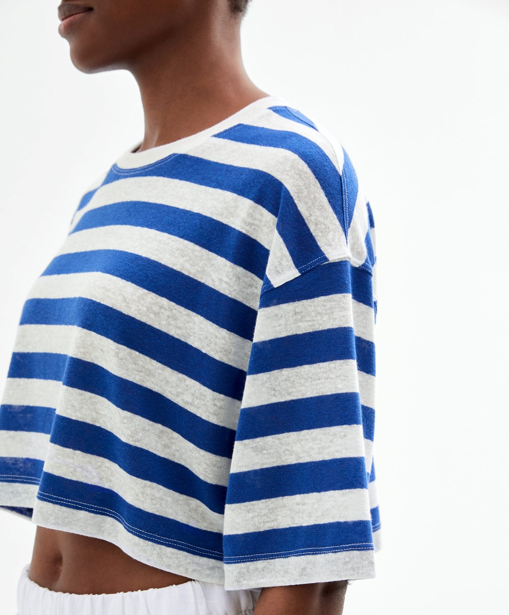 Electric Blue Oysho Striped Linen Short-sleeved Crop T-shirt | UVPH65127