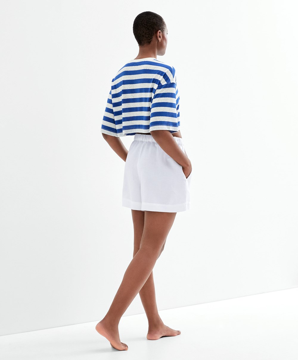 Electric Blue Oysho Striped Linen Short-sleeved Crop T-shirt | UVPH65127