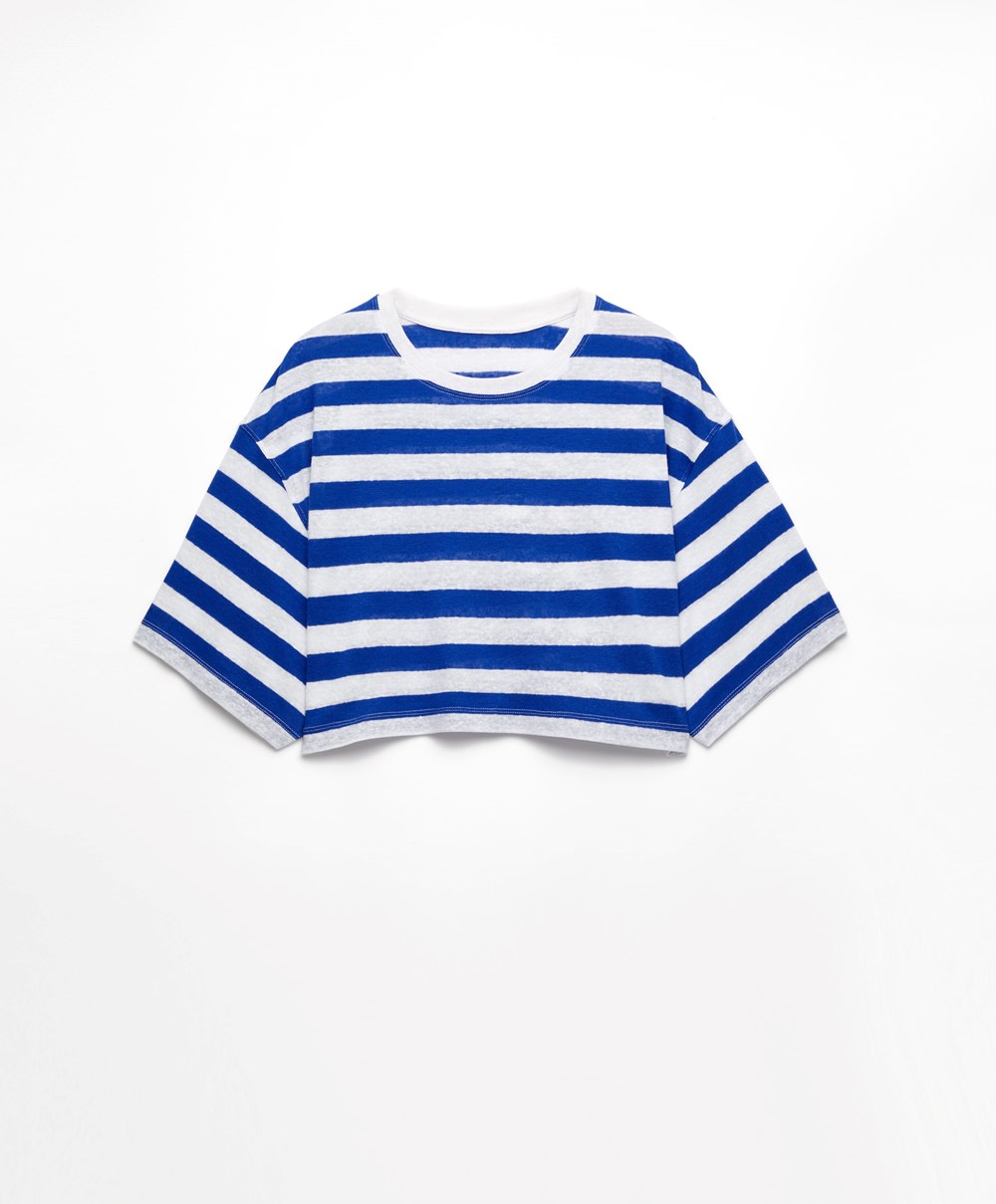 Electric Blue Oysho Striped Linen Short-sleeved Crop T-shirt | UVPH65127