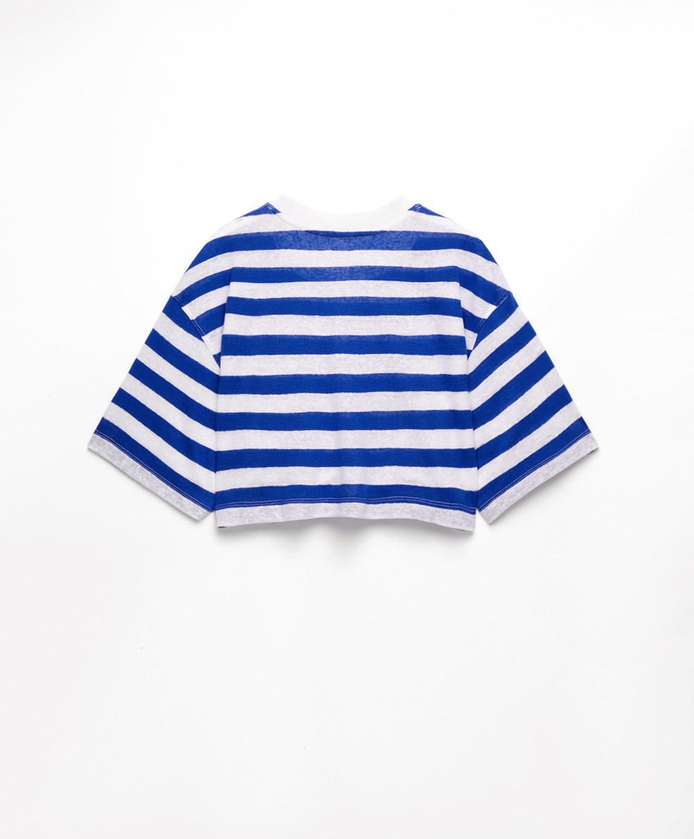 Electric Blue Oysho Striped Linen Short-sleeved Crop T-shirt | UVPH65127