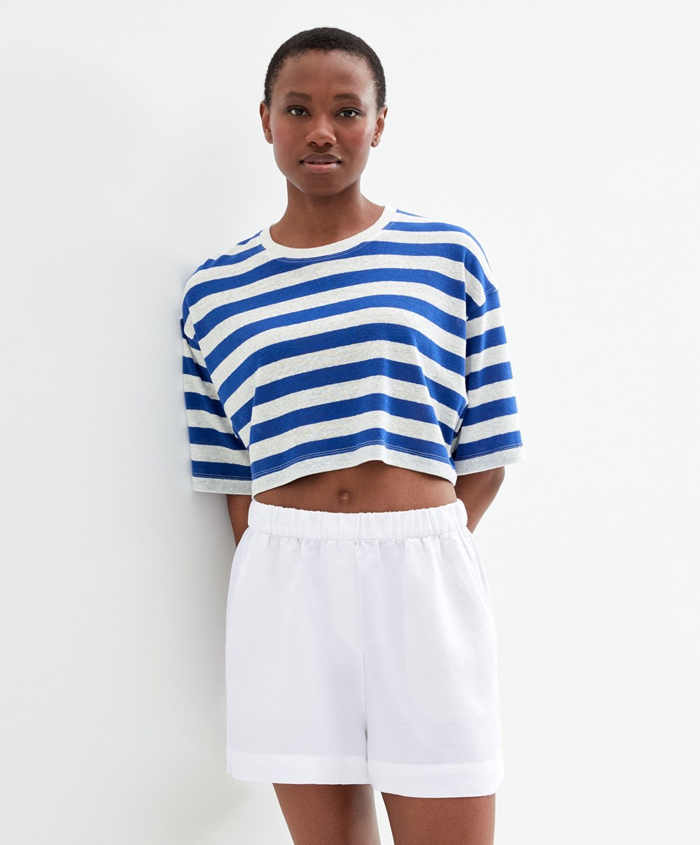 Electric Blue Oysho Striped Linen Short-sleeved Crop T-shirt | UVPH65127