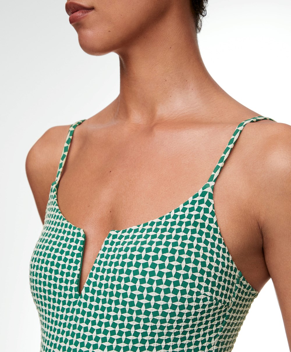 Emerald Green Oysho Ditsy Geometric Notched Neckline Swimsuit | XPJH70593