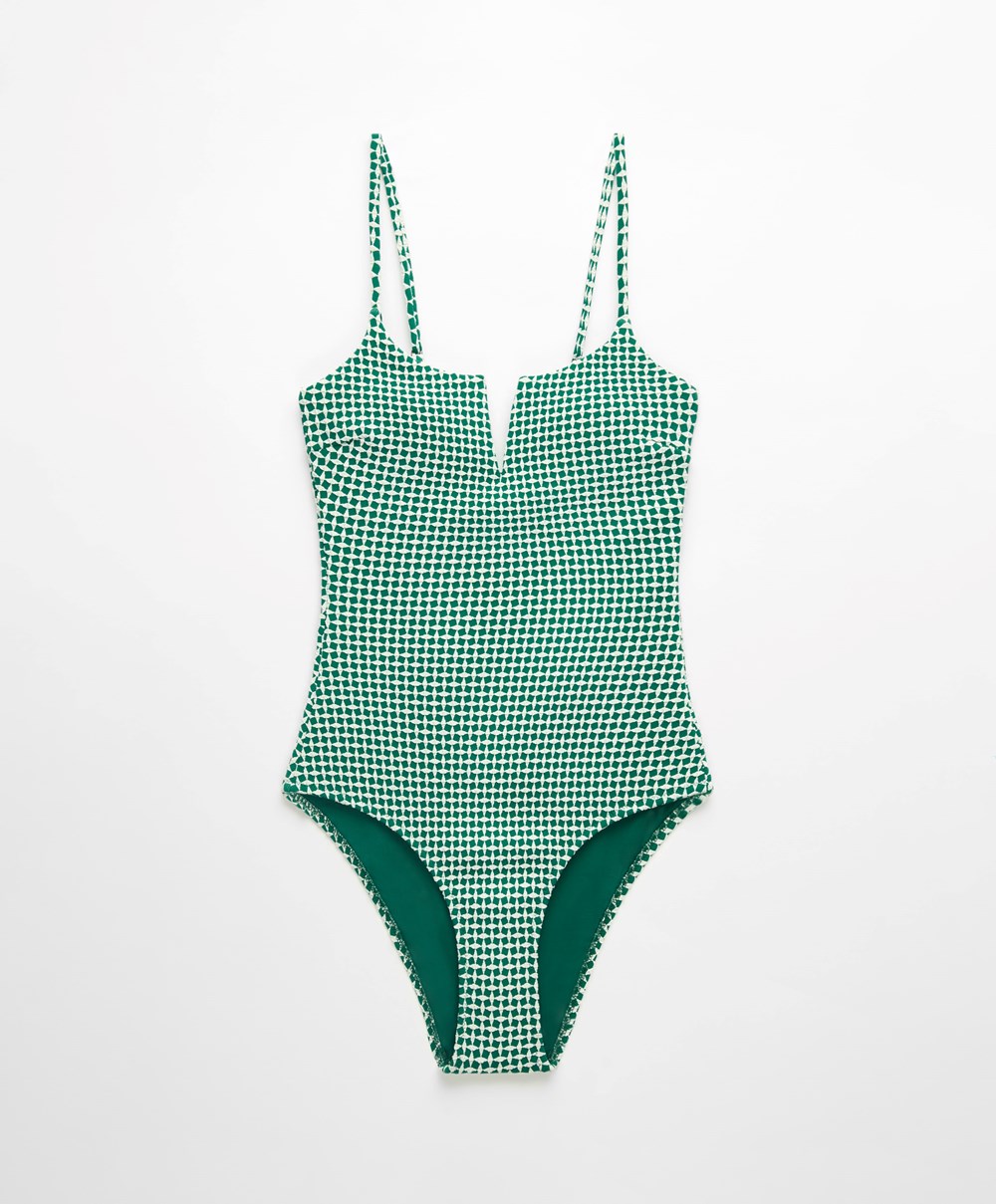 Emerald Green Oysho Ditsy Geometric Notched Neckline Swimsuit | XPJH70593