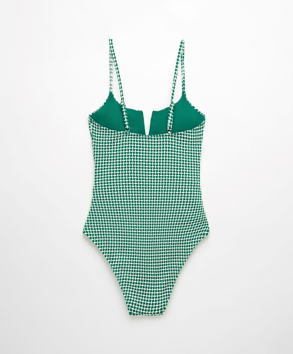 Emerald Green Oysho Ditsy Geometric Notched Neckline Swimsuit | XPJH70593