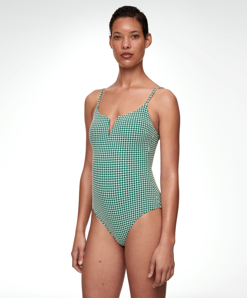 Emerald Green Oysho Ditsy Geometric Notched Neckline Swimsuit | XPJH70593