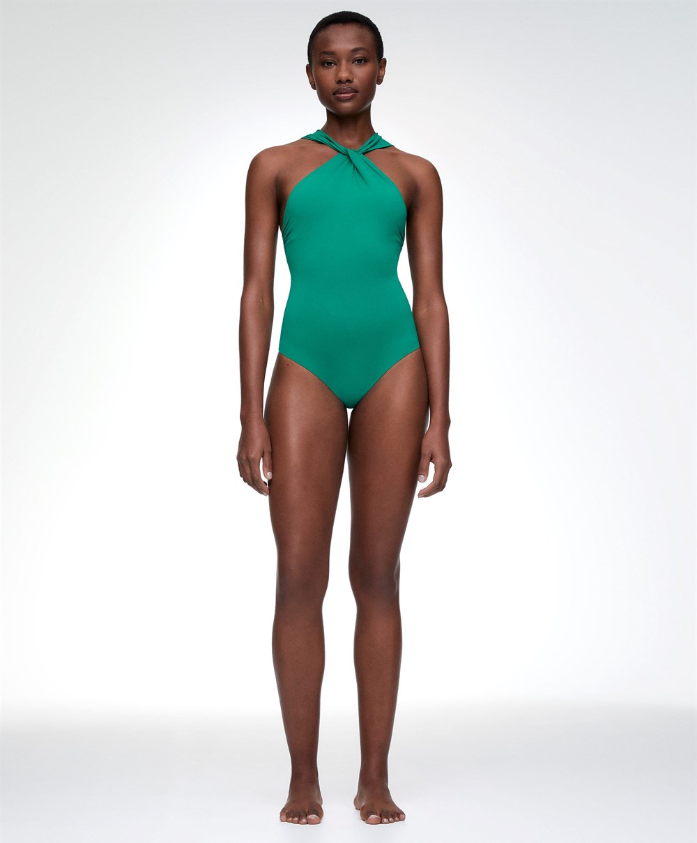 Emerald Green Oysho Draped Halter Swimsuit | SKRW09256