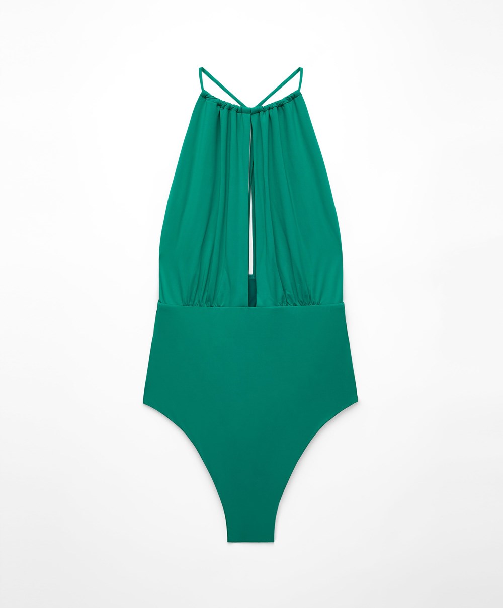 Emerald Green Oysho Ruched Halter Swimsuit | TVWQ98063