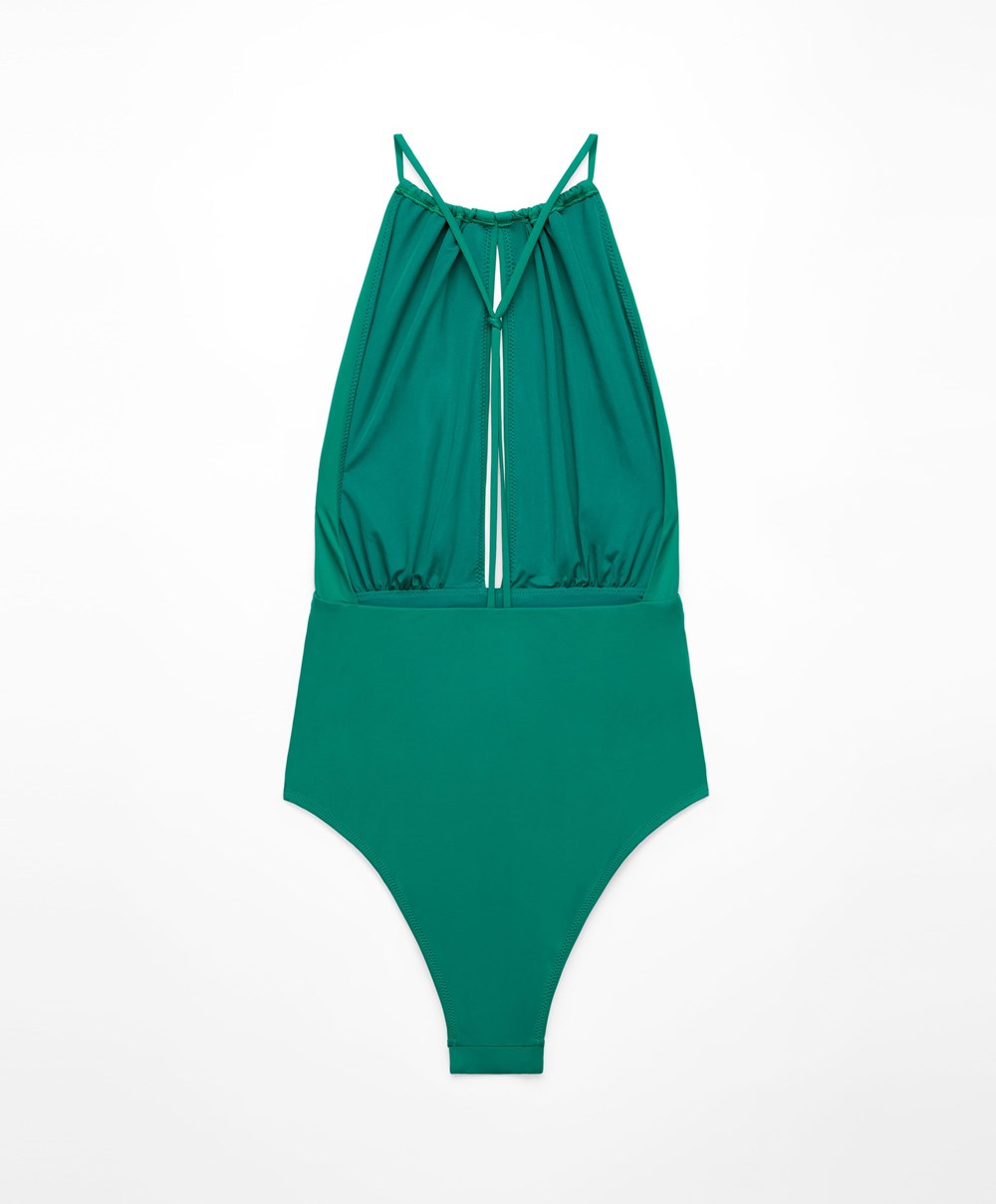 Emerald Green Oysho Ruched Halter Swimsuit | TVWQ98063