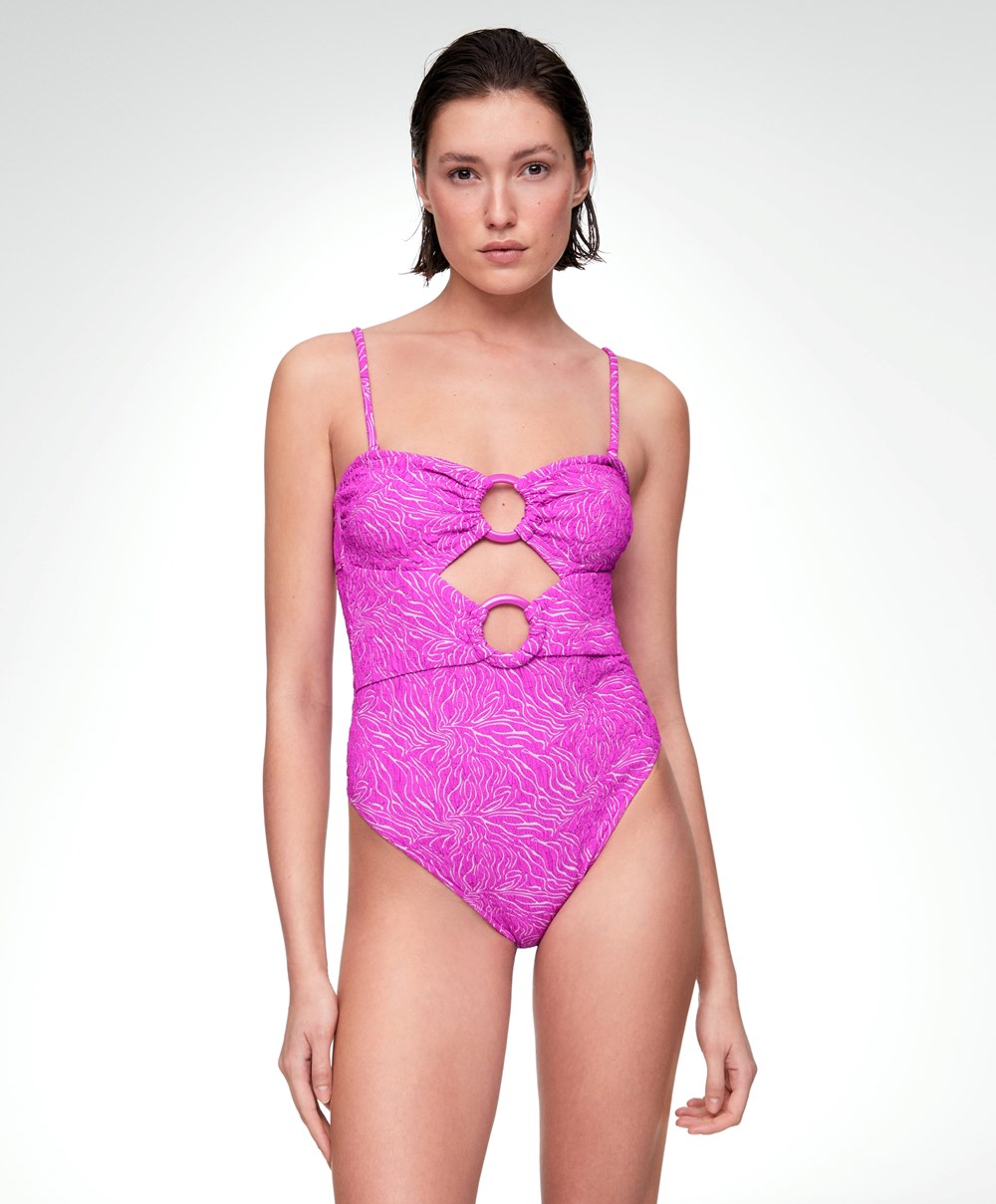 Fuchsia Oysho Jacquard Cut-out Swimsuit | MEIQ17395