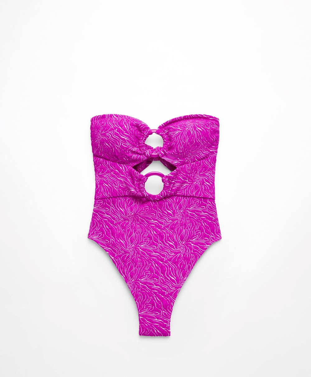 Fuchsia Oysho Jacquard Cut-out Swimsuit | MEIQ17395