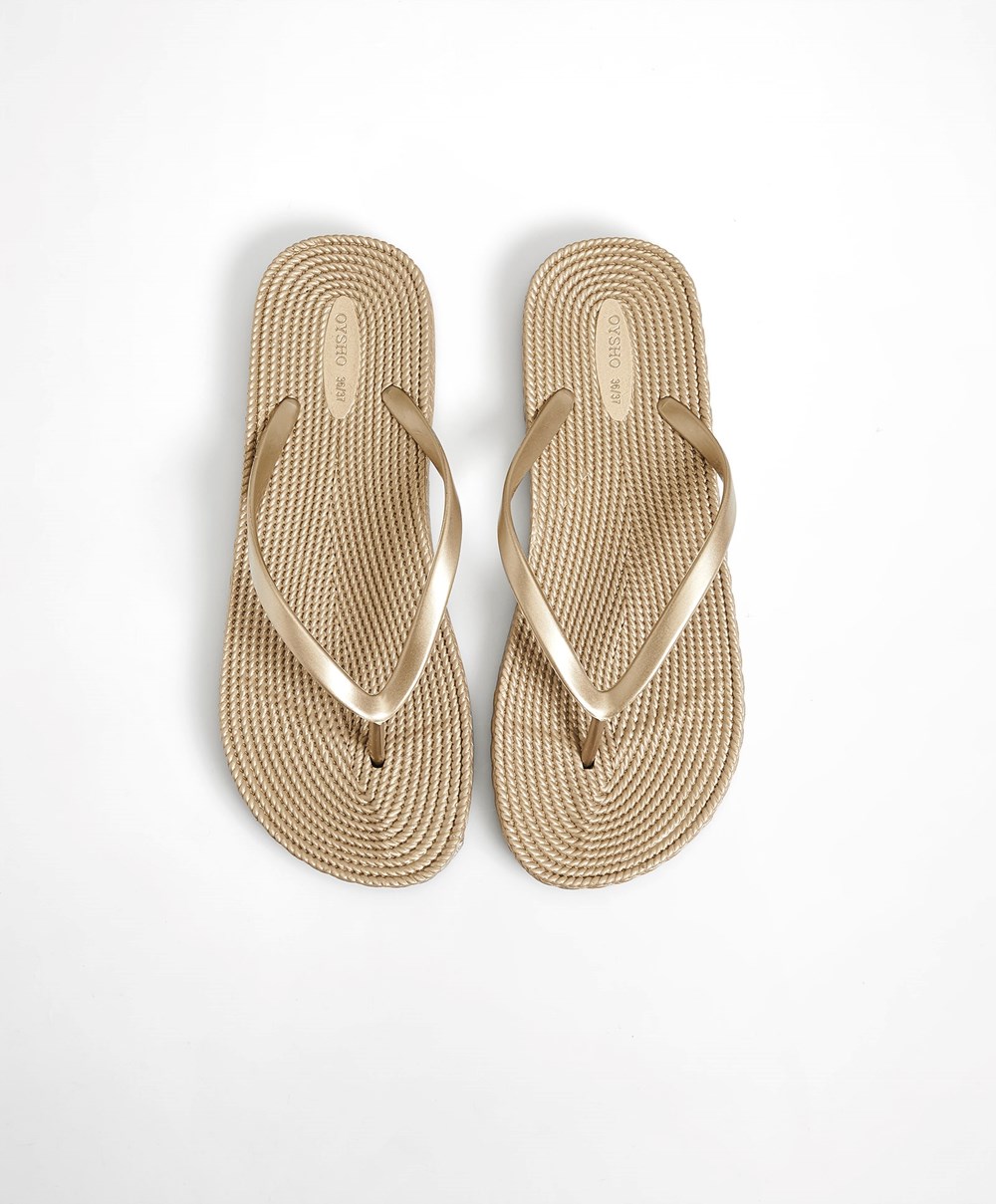 Gold Coloured Oysho Gold Textured Beach Sandals | UDHJ83927