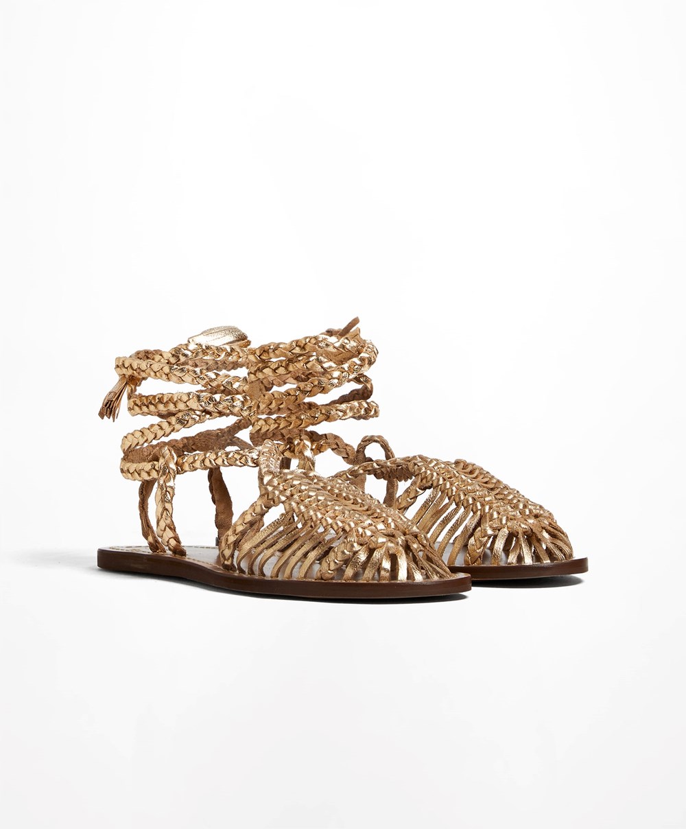 Gold Coloured Oysho Leather Braided Fisherman Sandals | GZEA49761