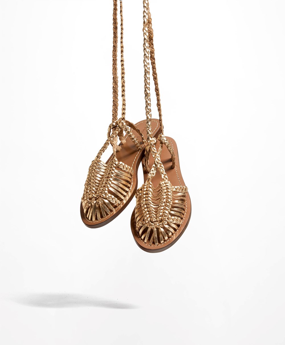 Gold Coloured Oysho Leather Braided Fisherman Sandals | GZEA49761