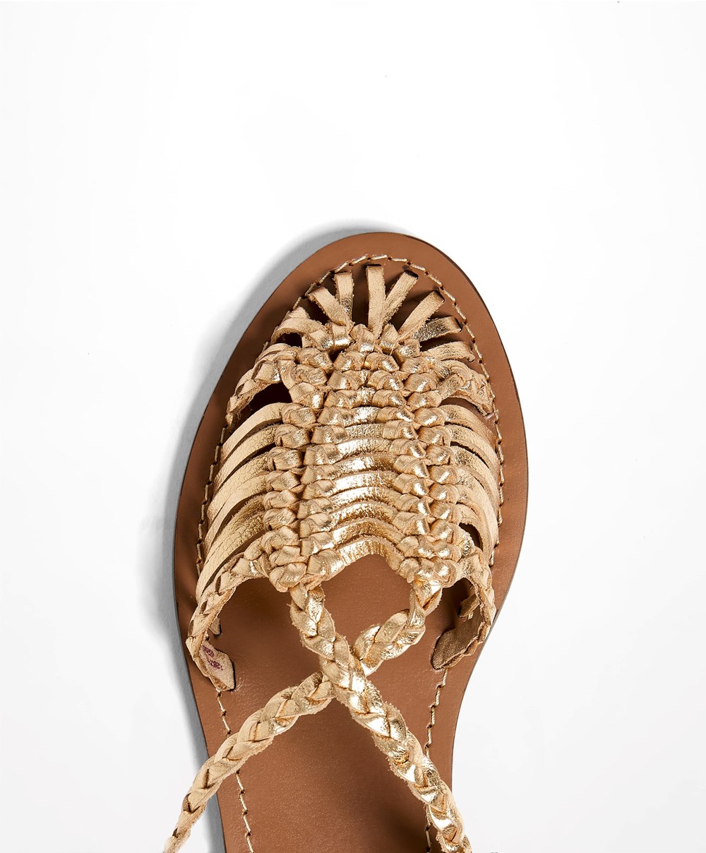 Gold Coloured Oysho Leather Braided Fisherman Sandals | GZEA49761