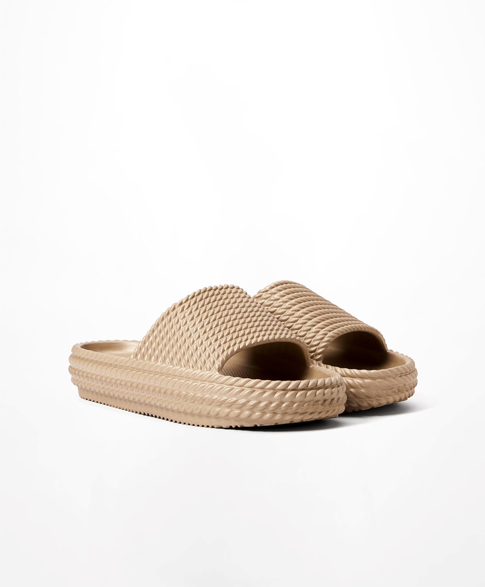 Gold Coloured Oysho Metallic Braided Platform Slides | KTBU75692