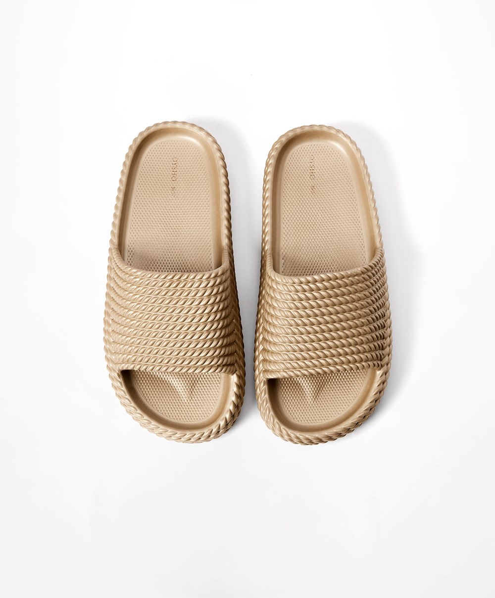 Gold Coloured Oysho Metallic Braided Platform Slides | KTBU75692