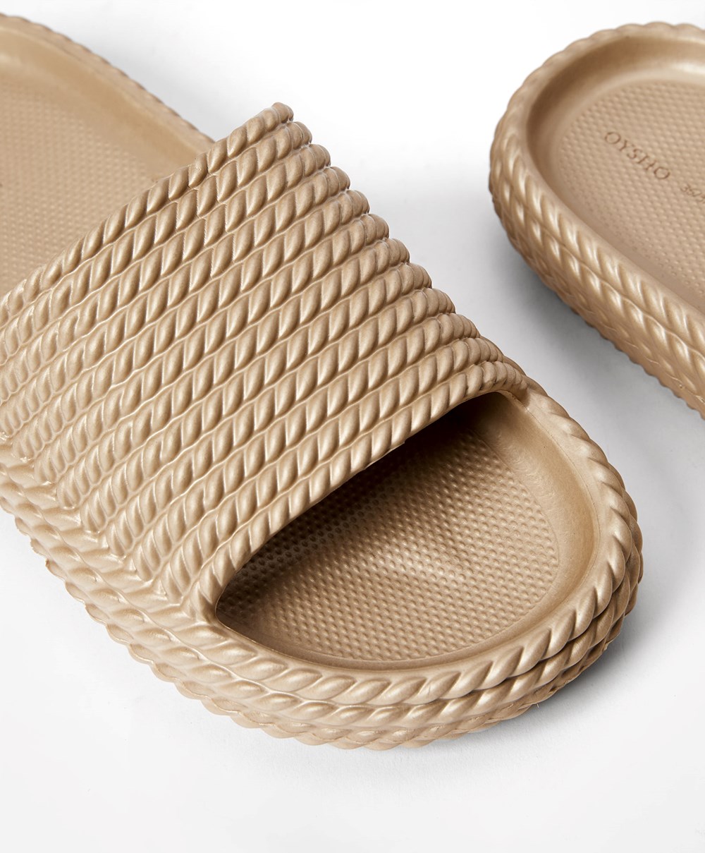 Gold Coloured Oysho Metallic Braided Platform Slides | KTBU75692