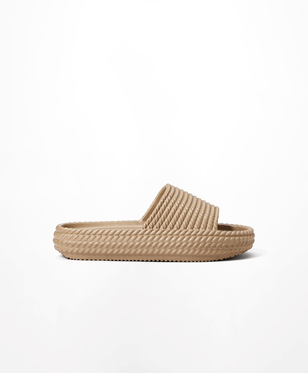 Gold Coloured Oysho Metallic Braided Platform Slides | KTBU75692