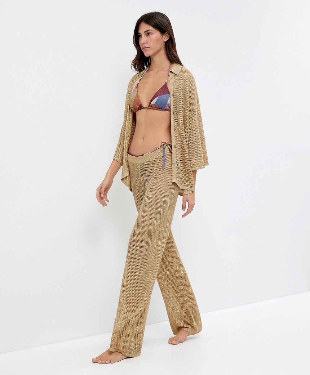 Gold Oysho Straight Fit Knit Trousers | HIKO78102