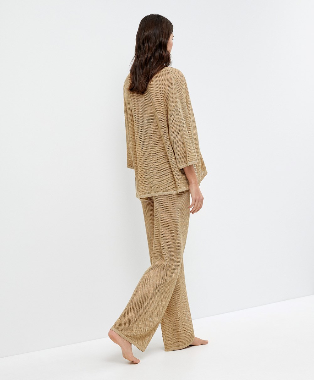 Gold Oysho Straight Fit Knit Trousers | HIKO78102