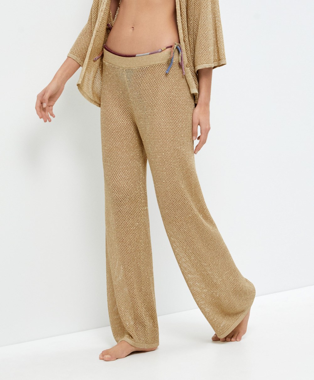 Gold Oysho Straight Fit Knit Trousers | HIKO78102