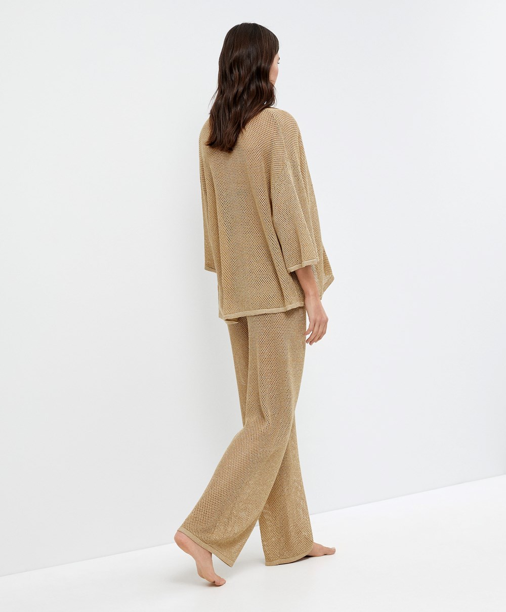 Gold Oysho Straight Fit Knit Trousers | OMJL38475