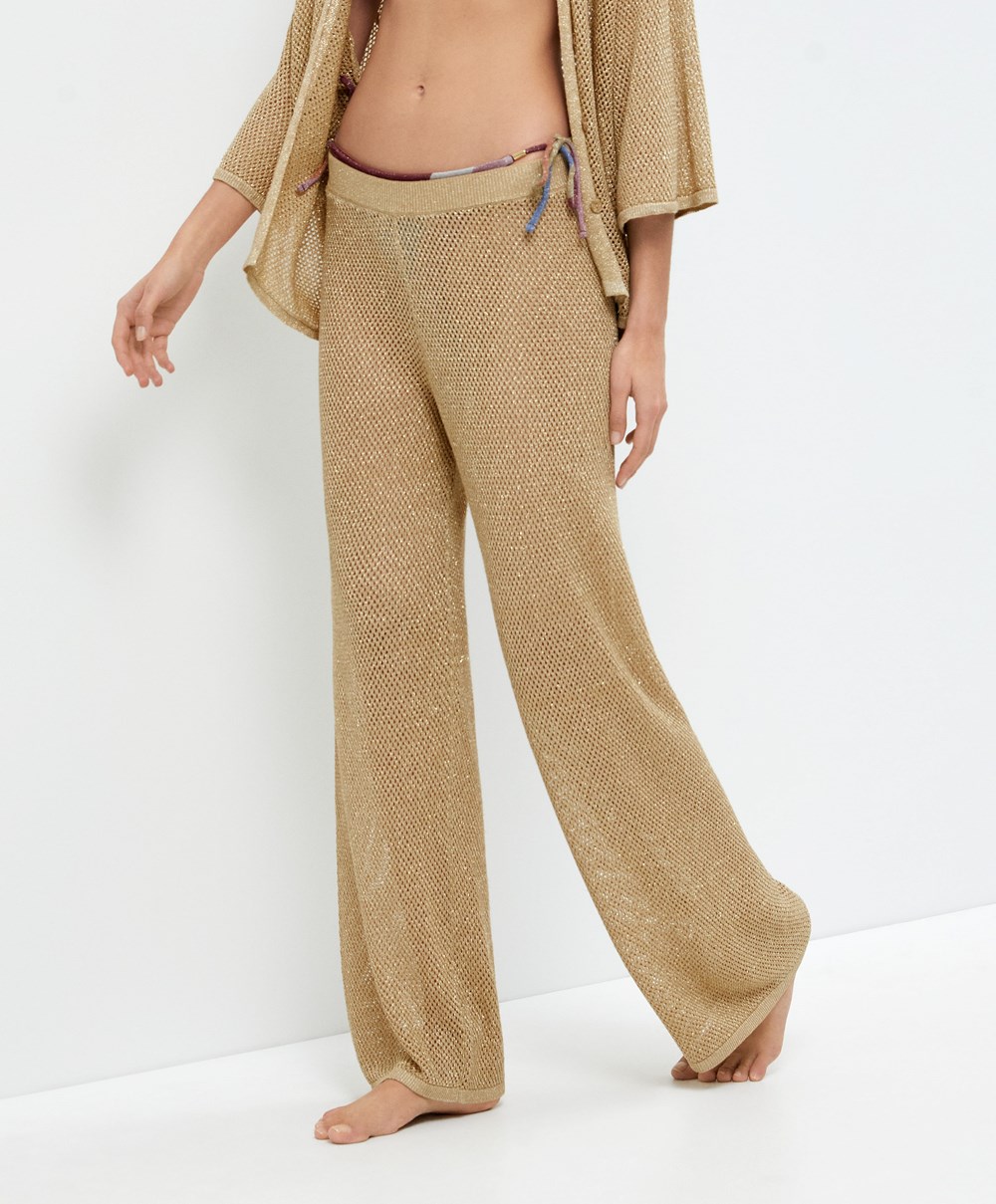 Gold Oysho Straight Fit Knit Trousers | OMJL38475