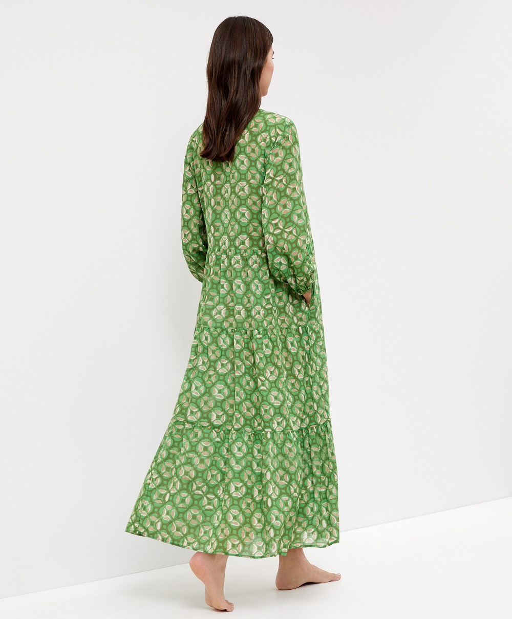 Grass Green Oysho Printed 100% Cotton Tunic Dress | DIZN81659