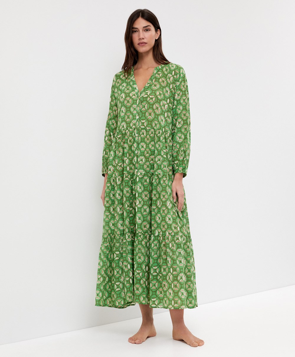 Grass Green Oysho Printed 100% Cotton Tunic Dress | DIZN81659