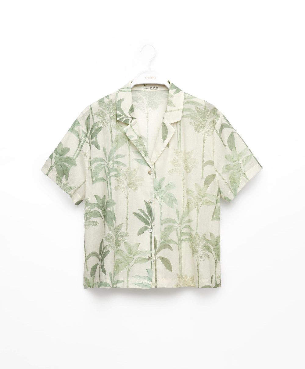 Grass Oysho Palm Tree 100% Cotton Short-sleeved Shirt | HGUP52418