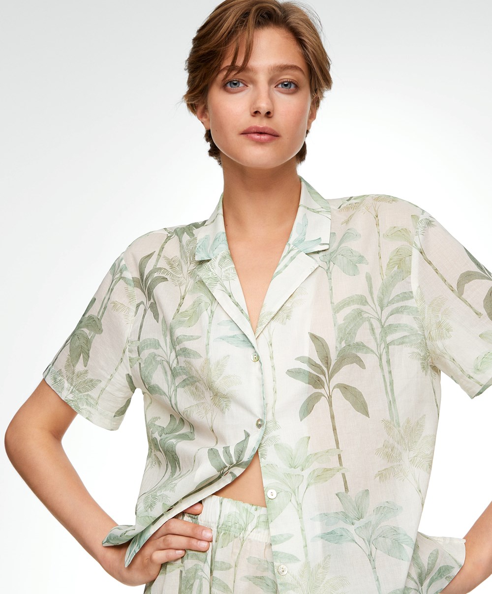 Grass Oysho Palm Tree 100% Cotton Short-sleeved Shirt | VILJ80251