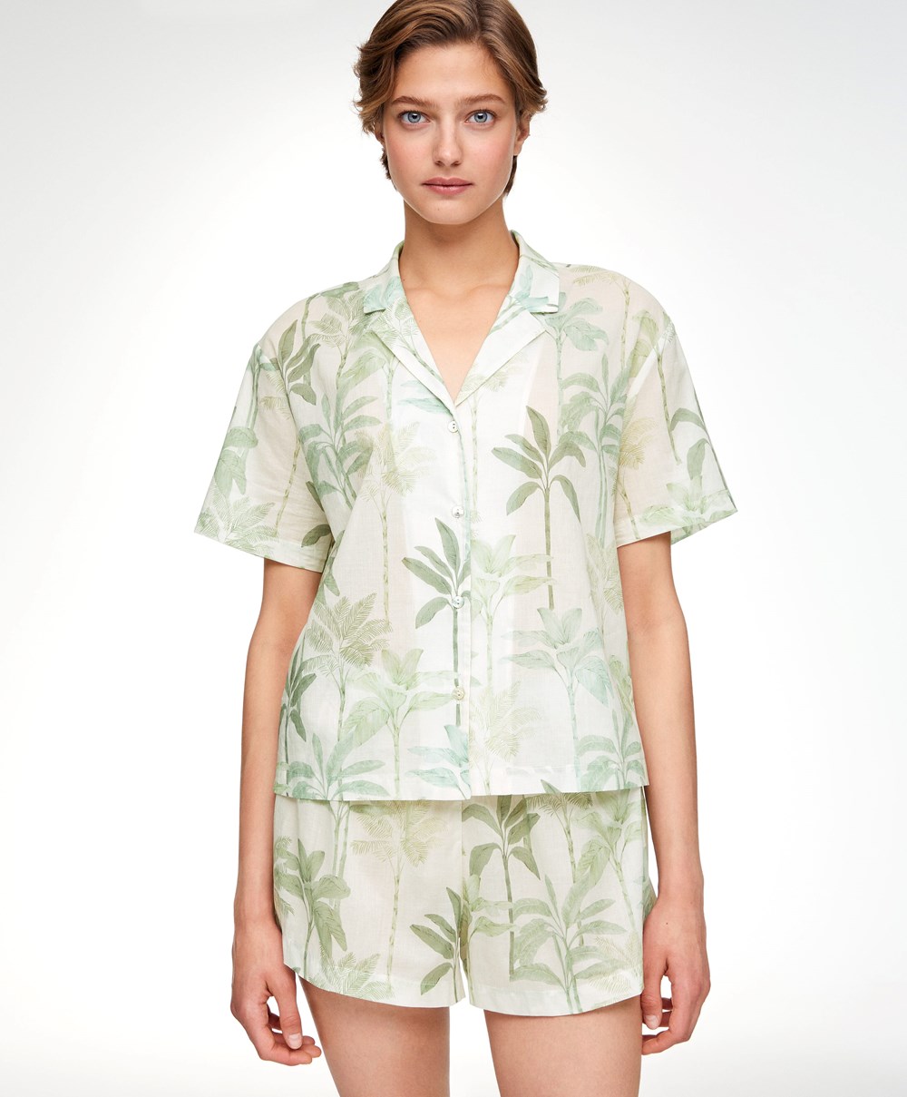 Grass Oysho Palm Tree 100% Cotton Short-sleeved Shirt | VILJ80251