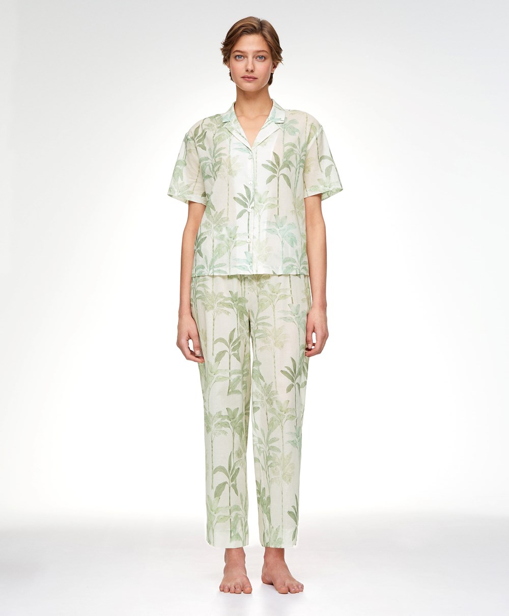 Grass Oysho Palm Tree 100% Cotton Trousers | EZOU67894