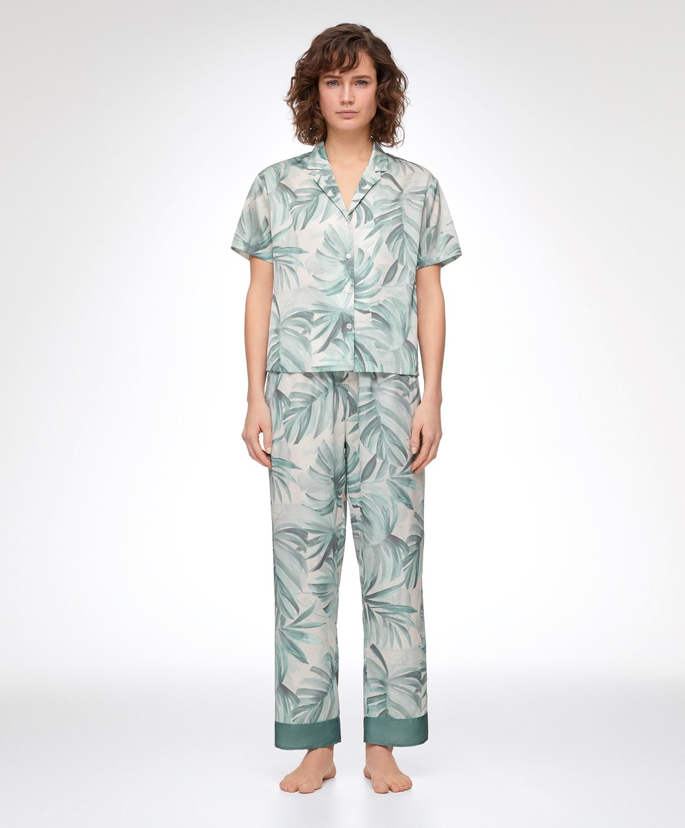 Green Oysho Tropical Leaf Satin Short-sleeved Shirt | ELIF71590