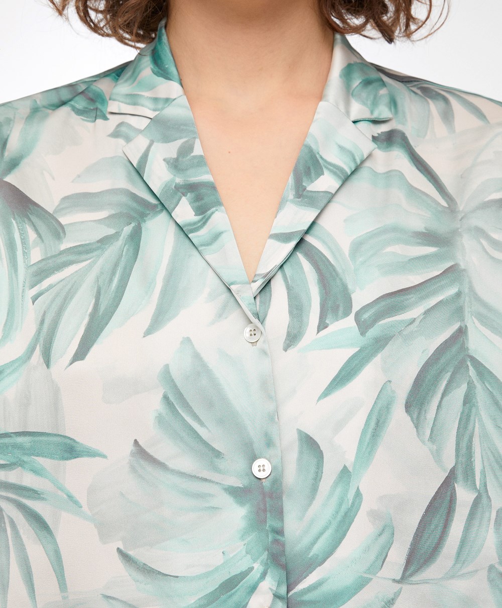 Green Oysho Tropical Leaf Satin Short-sleeved Shirt | ELIF71590