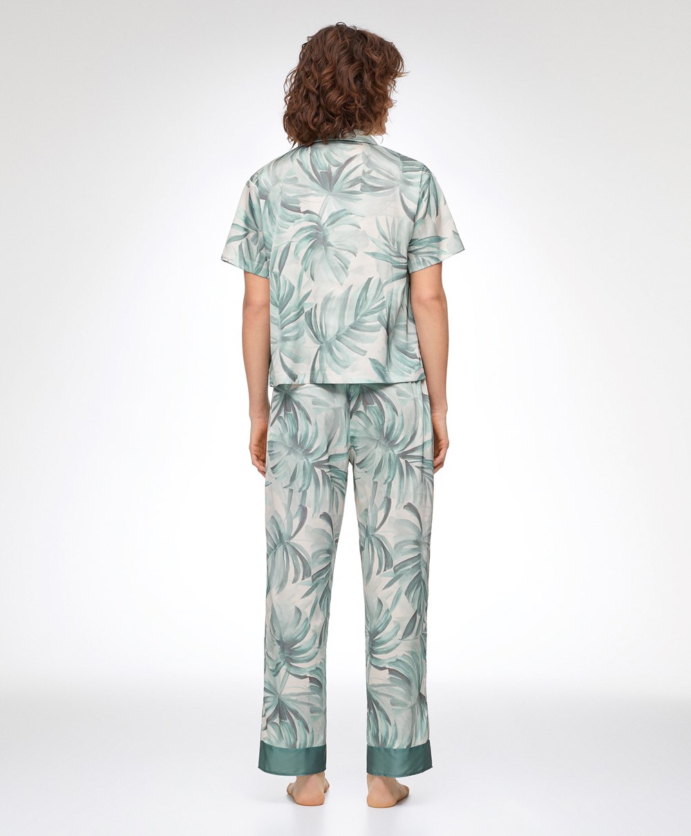 Green Oysho Tropical Leaf Satin Short-sleeved Shirt | ELIF71590