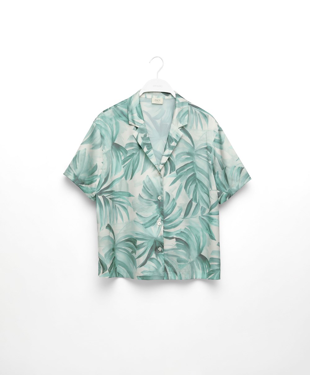 Green Oysho Tropical Leaf Satin Short-sleeved Shirt | ELIF71590