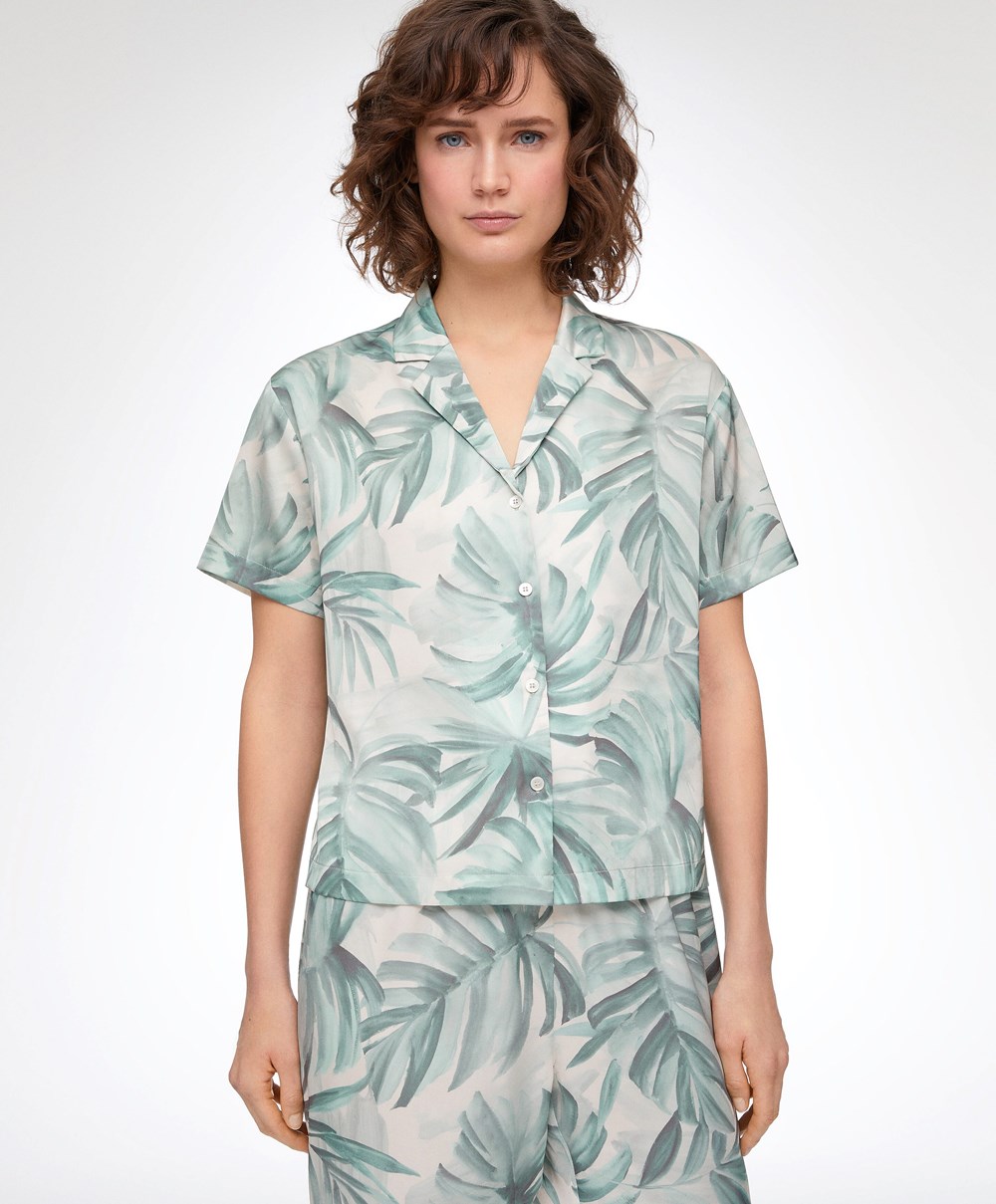 Green Oysho Tropical Leaf Satin Short-sleeved Shirt | ELIF71590