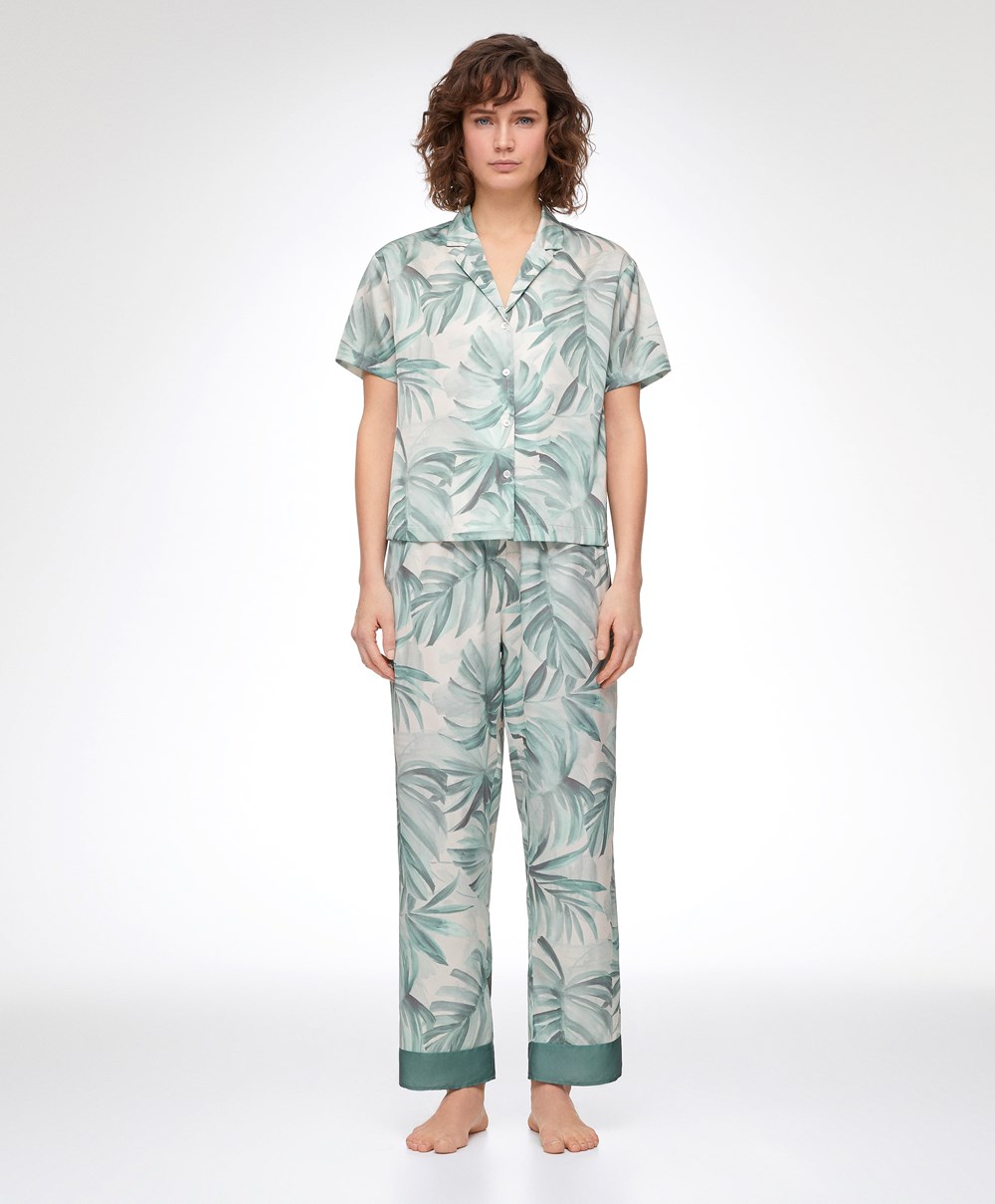 Green Oysho Tropical Leaf Satin Short-sleeved Shirt | IYKZ01823